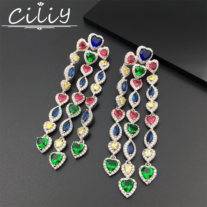 

Ciliy New Luxury Colorful Green Blue Cubic Zircon Long Earrings Elegant Earrings Statement Heart Brincos Wedding Bijoux GL028107