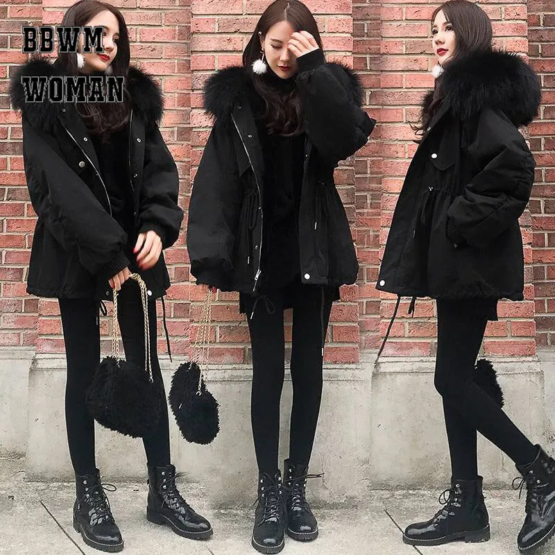 Пуховик женский 2018 зима новый корейский женский пальто толстый с капюшоном черный меховой воротник куртка ZO1762
