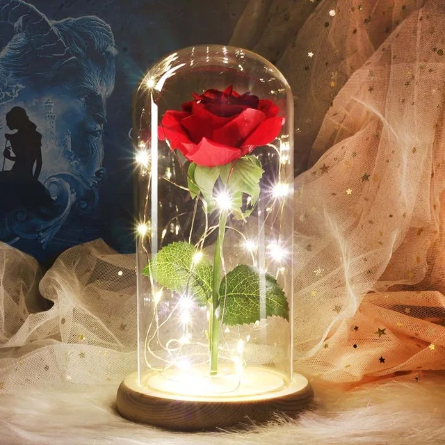 Горячая Роза в фляга Красавица и Чудовище позолоченные красная роза с светодиодный свет в стеклянном куполе Для свадебной вечеринки