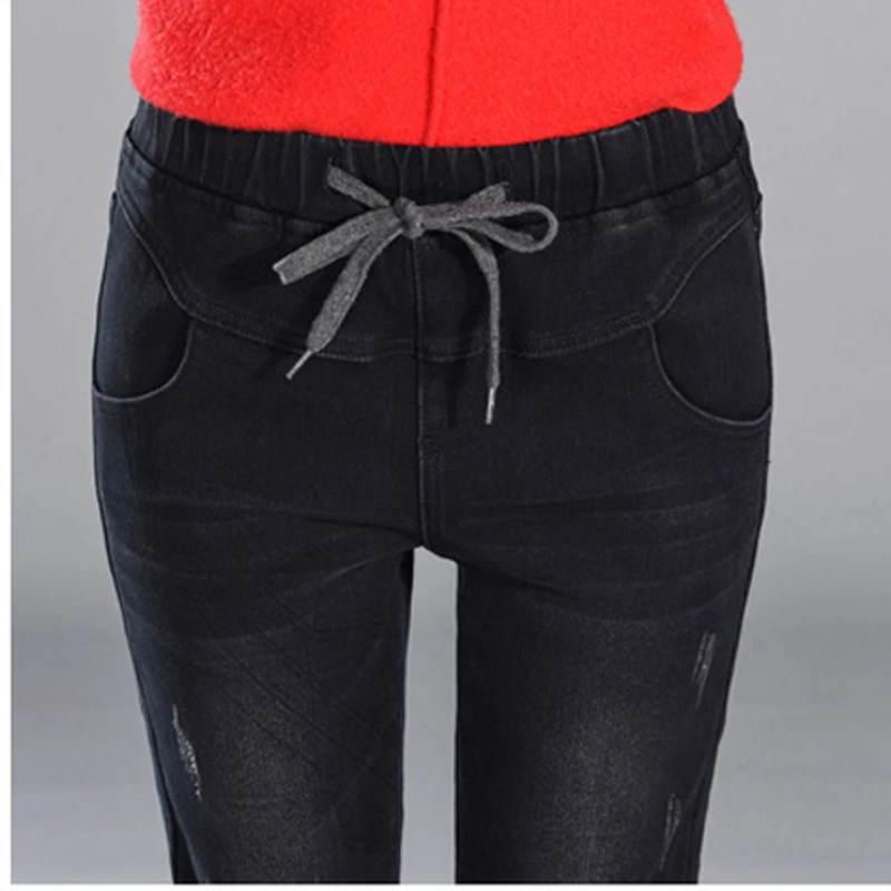 Winter Female Jeans High Waist Denim Pants Warm Trousers Slim Thick Stretch Fleece Pencil plus size Loose lace up Jeans Women