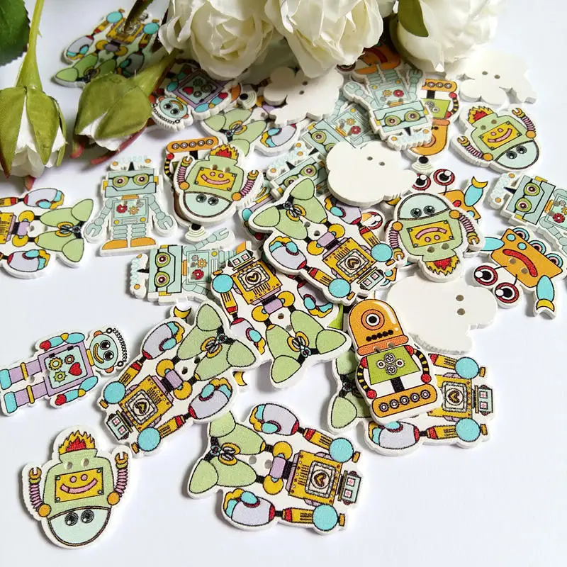 

50Pc/lots Robot shape Scrapbooking Buttons Wooden Buttons Sewing Accessories 2 Holes Mixed Wood Decorative Sewing Buttons