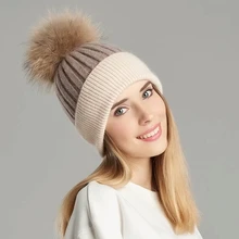 Женская вязаная шапка с помпонами из меха енота, теплая зимняя разноцветная Мужская шапочка из спандекса, женская шляпа