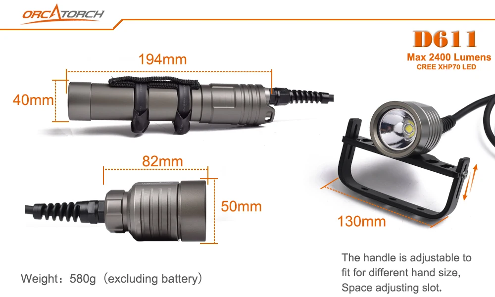 ORCATORCH D611 светодиодный светильник для дайвинга CREE XHP70 светодиодный 2400лм светильник для подводного плавания с ручкой Goodman светильник для подводного плавания 150 м