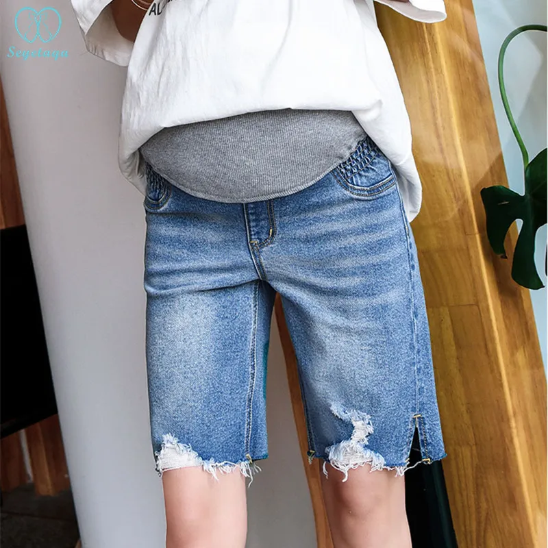 

867# 1/2 Length Ripped Hole Denim Maternity Shorts Summer Adjustable Belly Clothes for Pregnant Women Pregnancy Short Jeans