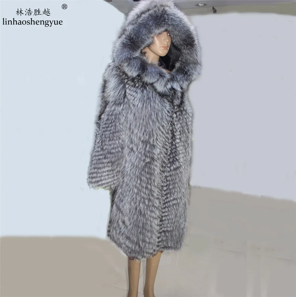 Linhaoshengyue fashion fur coat real fur fox women coat with hood freeshipping,Natural silver fox