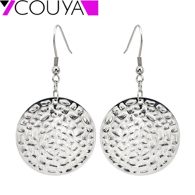 Unique Silver Embossed Hammer Finish Round Dangle Drop Earrings Unique Silver Embossed Hammer Finish Round Dangle Drop Earrings Surgical Steel Antique Looking Bohemian Fashion