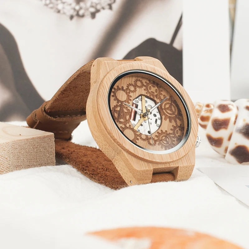 BOBO BIRD V-B09 Mens Bamboo Wood Watch 2035 Movement Exposed Design Luminous Hands Quartz Watch montre homme marque de luxe