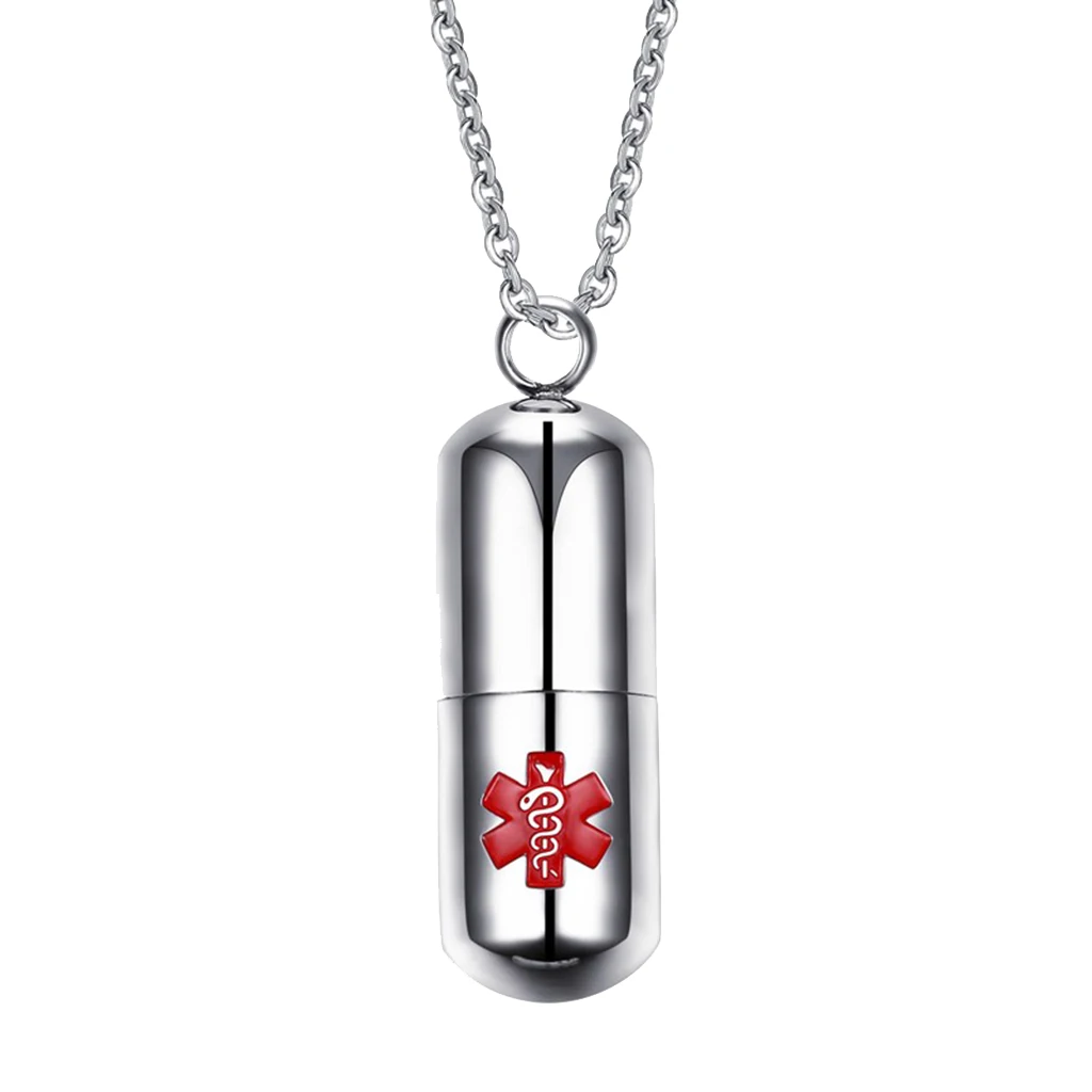 

Men Women Medical Alert Identification Necklace Pill Shape Container Storage Box Charm Pendant Stainless Steel