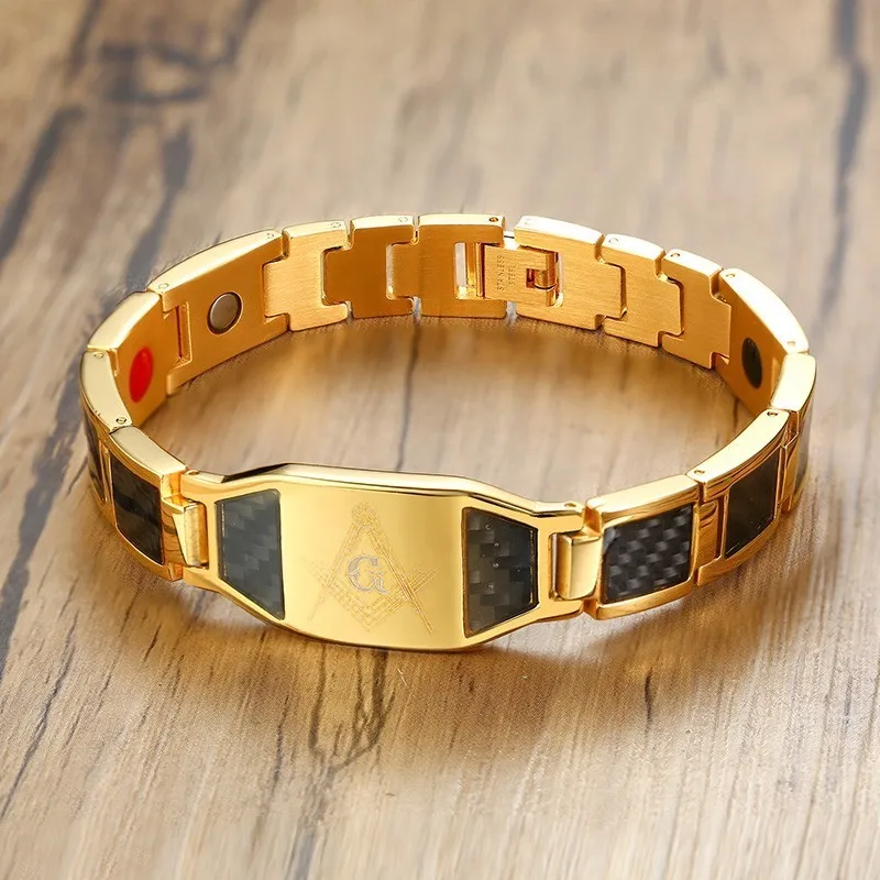 

Carbon Fiber Men's Bracelet ID Masonic Symbol Healing Bio Energy Magnet Therapy Bracelet Male Pulseira Christmas Gift