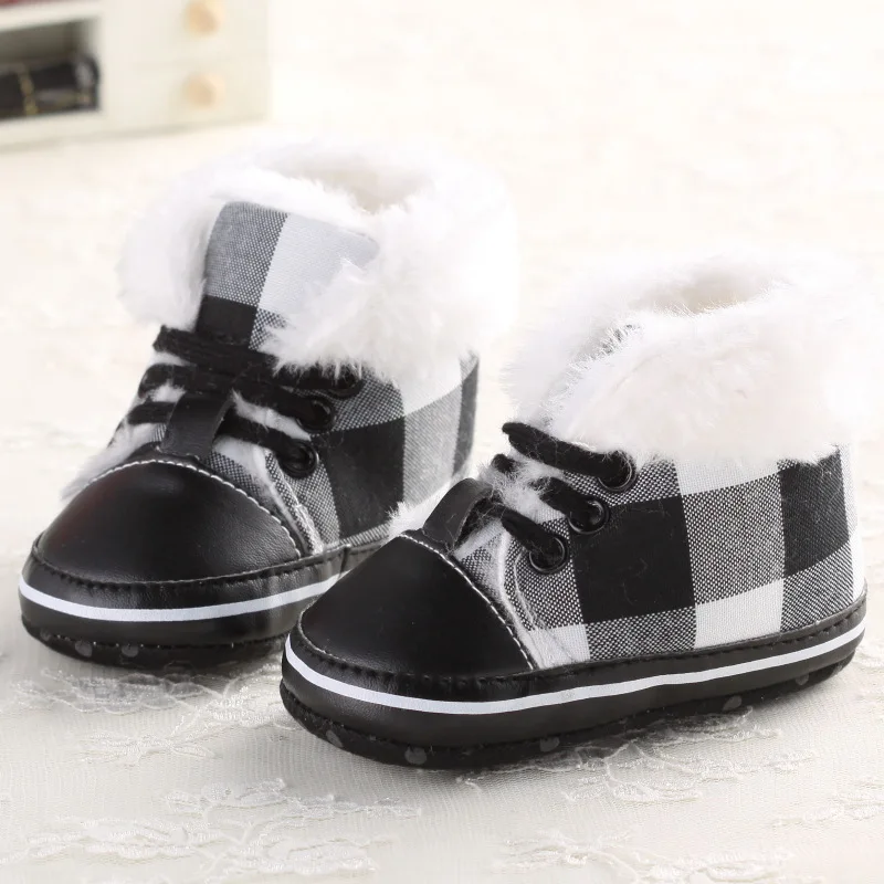 Classic Gingham Winter Baby Boy Shoes Boots Soft Soled Newborn Infant Boy First Walkers Kids