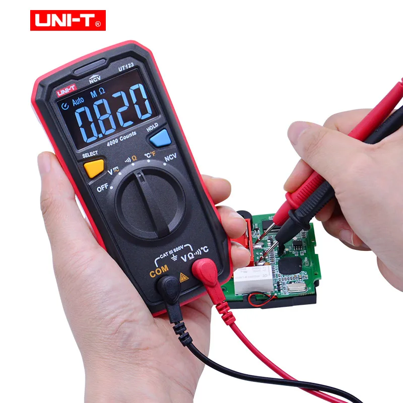 Kopen UNI T UT123 Digitale Multimeter Zakformaat Residentiële Multimeter Ac Dc Spanning Weerstand Temperatuur Ncv Tester Ebtn Display