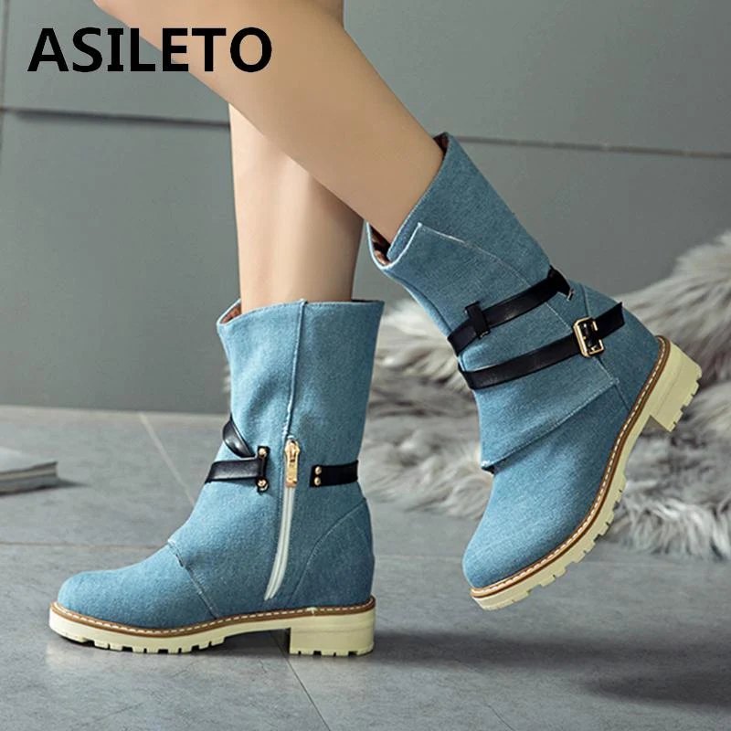 

ASILETO denim ladies shoes woman spring winter ankle boots heels zipper buckle flat heel blue jeans boots large size 43 S773