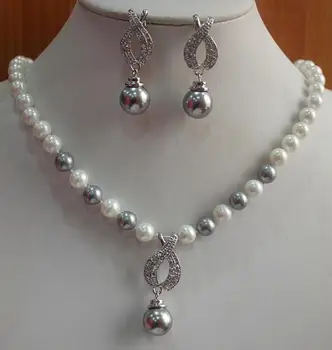 

free shipping Jewelry white gray 8mm shell pearl stone Necklace Pendant earring Set can choose