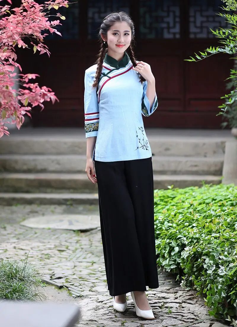 Новое поступление, светло-голубые, черные, китайские женские комплекты с рубашкой и штанами, хлопковый льняной костюм Tang, одежда Размер S M L XL XXL XXXL 2619-3 - Цвет: Light Blue Black
