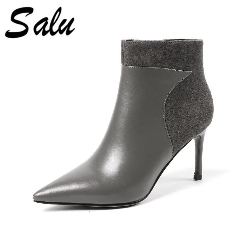

Salu Sexy Women Boots Genuine Leather Winter High Heels Ankle Boots Shoes Women Fall Ladies Short Boots New Zip Big Size
