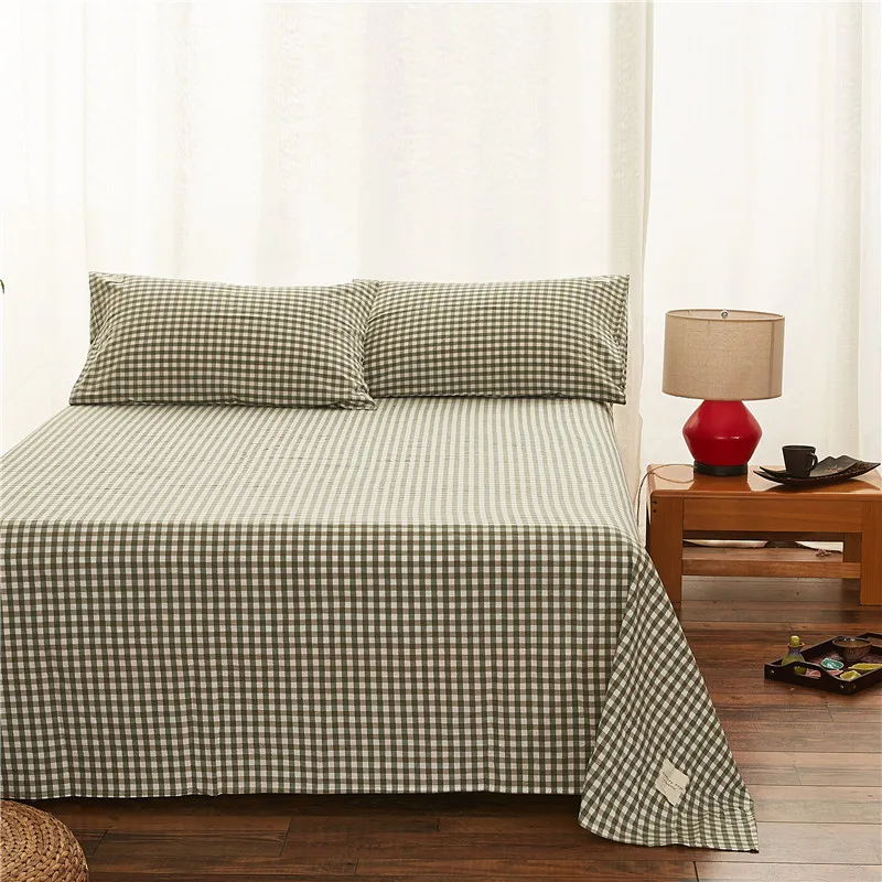 

100% Cotton Stylish Green Little Plaid Pattern 1pcs Bed Sheet Linens + 2pcs Pillowcase Sheets Super Soft 245x270cm King Size