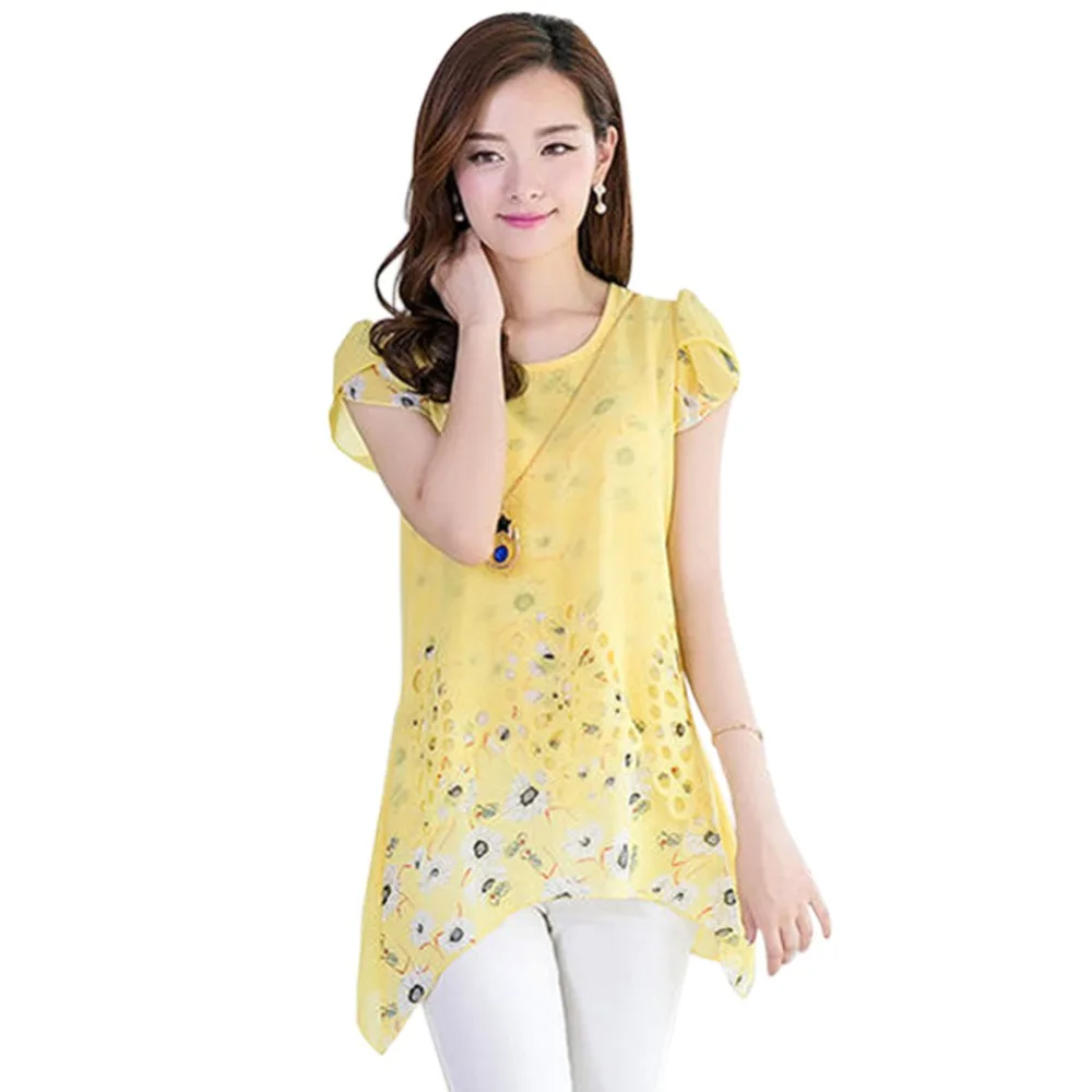 2017 Summer Women Floral Print Yarn Long Tops Asymmetric Hem Chiffon Blouse Tee Shirt Plus Size M-XXXL Blouses