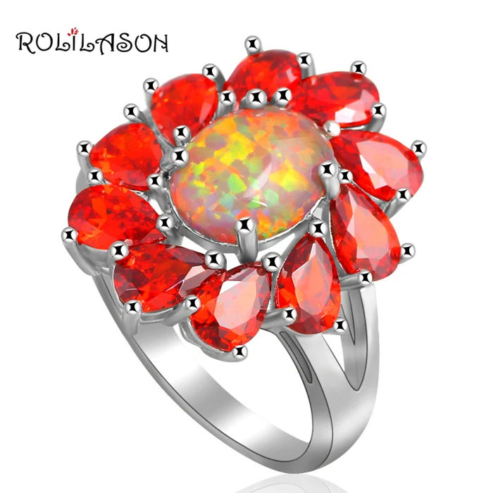 

ROLILASON flower design Orange Zircon Inlay Fashion jewelry for women Orange fire Opal Silver Rings USA size #6#7#8#9#10 OR670