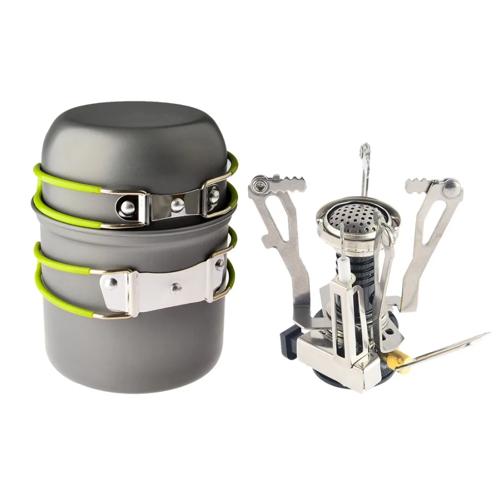

Outdoor Cookware Sets Camping Hiking Backpacking Picnic Cookware Cooking Tool Set Pot Pan + Piezo Ignition Canister Stove new