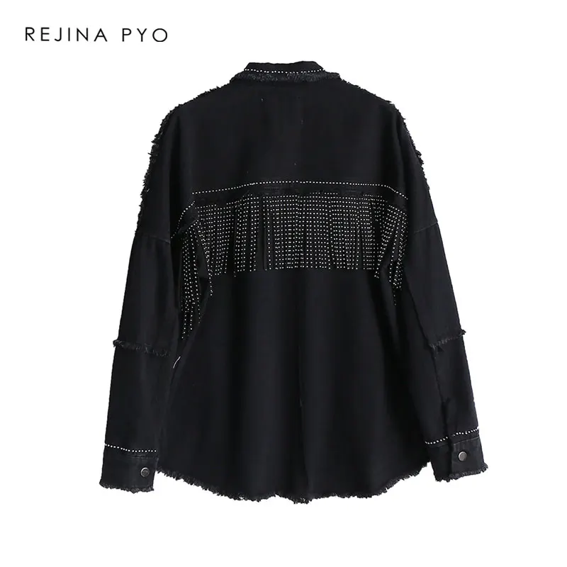 REJINAPYO النساء الأسود عالية الجودة فضفاض الدنيم سترة معطف مطرزة شرابات الشارع الشهير كل مباراة العقلية المغطاة زر قميص