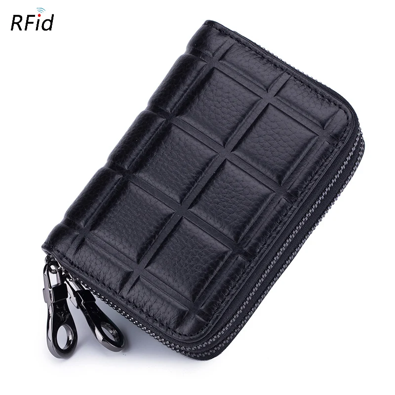 

New Arrivals Genuine Leather Plaid RFID Protection Card Wallets Unisex Card Holder Double Compartment Multi-function Card Case