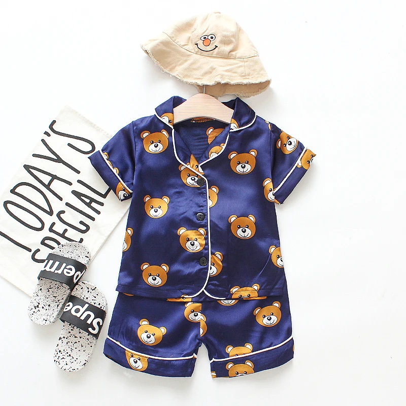 Новый Шелковый Пижамный костюм для девочек летний детский атласный комплект одежды для сна, Шелковый домашний костюм с короткими рукавами