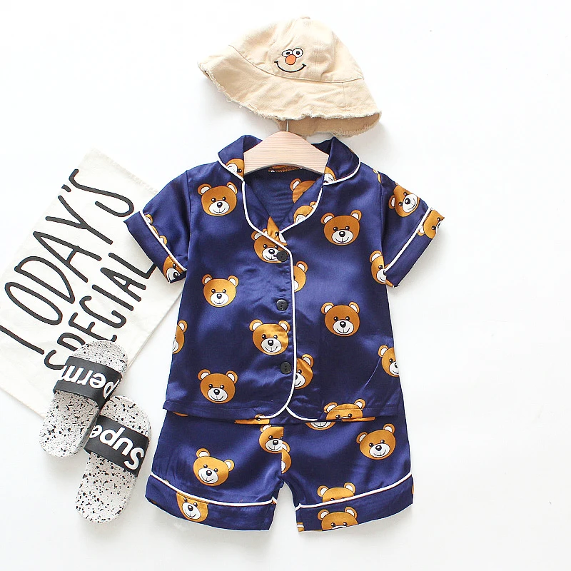

New Girls Silk Pajamas Suit Summer Children Satin Sleepwear Set Short-sleeved Silk Home Suit for Children's clothing