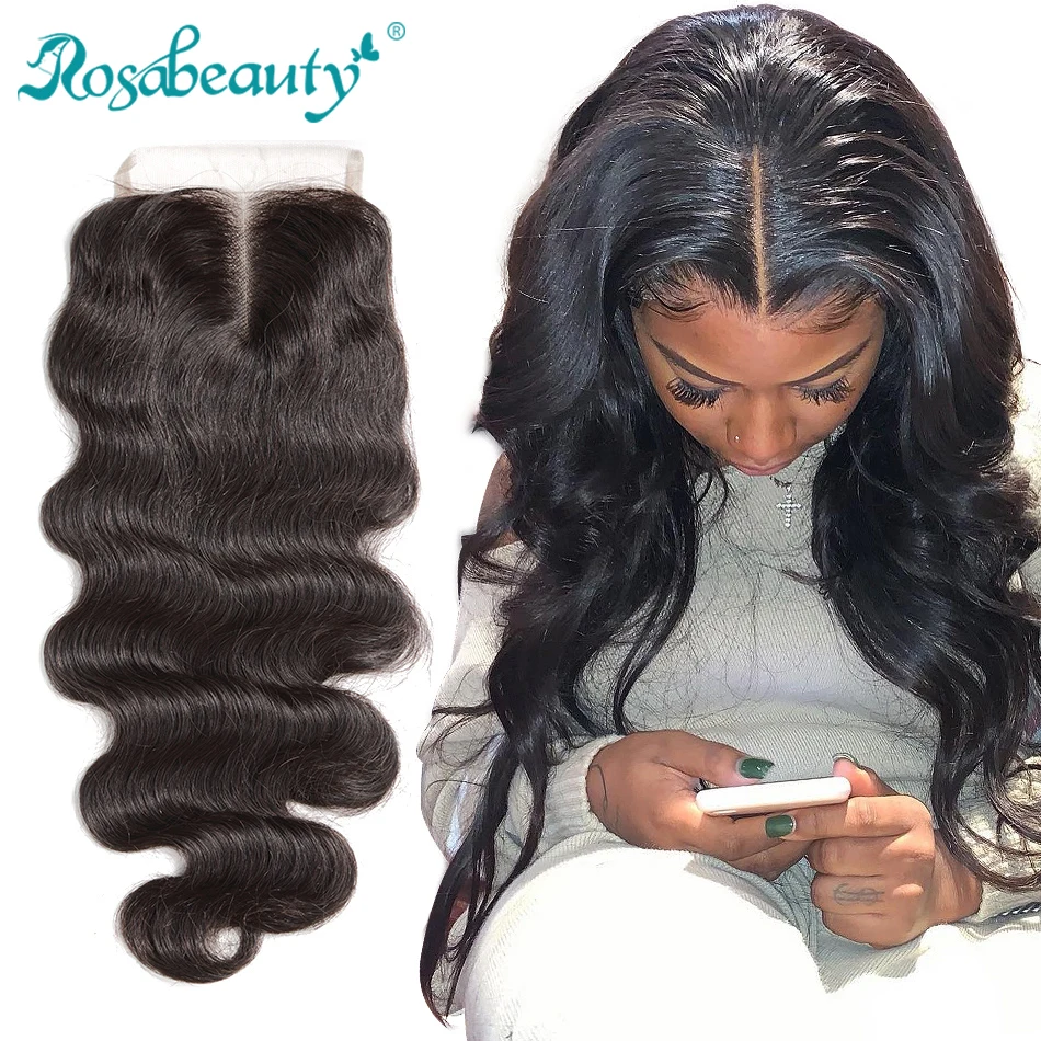 

Rosabeauty 8"-20" Natural Color Body Wave Peruvian Human Virgin Hair Lace Closure Middle/Free/3 Part With Bleached Knots