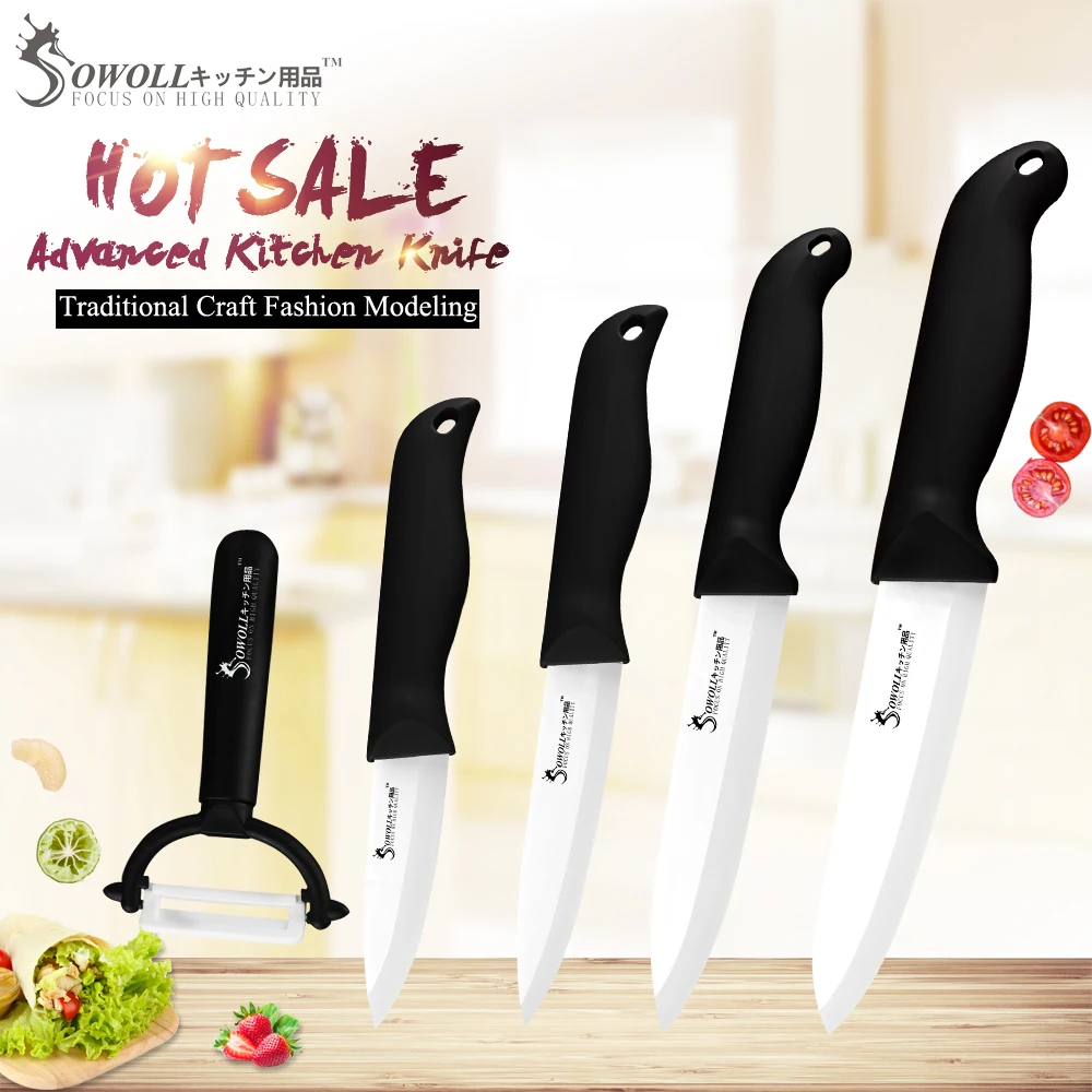 

Sowoll Japan Ceramic Knife 3'' Paring 4'' Utility 5'' Slicing 6'' Chef White Blade Black Handle Kitchen Knives Best Gift Peeler