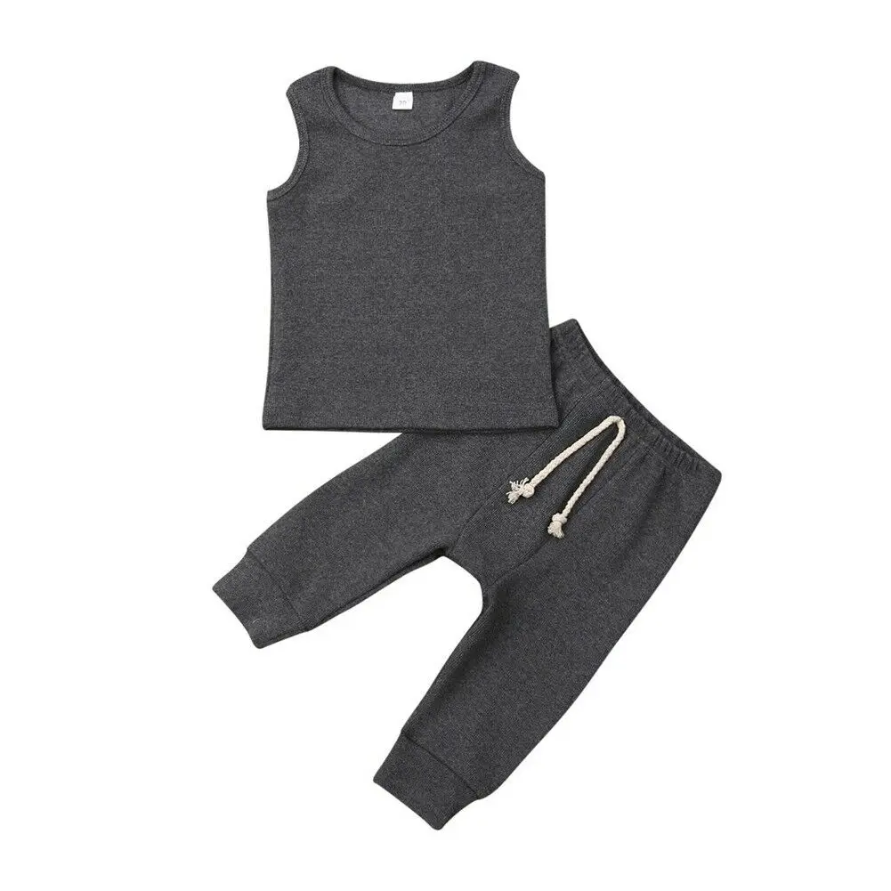 Летняя Домашняя одежда Одежда из 2 предметов для новорожденных мальчиков и девочек от 0 до 24 месяцев хлопковые топы на бретельках, длинные штаны комплект повседневной одежды с шапкой - Цвет: Dark Gray