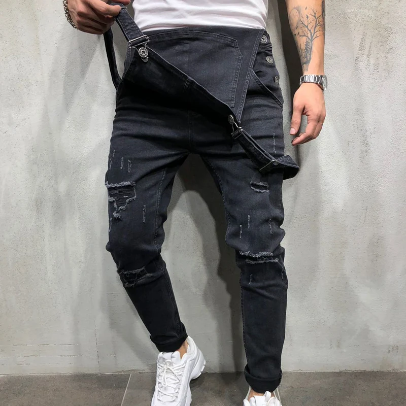 HZIJUE 2019 Fashion men jeans Men's Ripped Jeans Jumpsuits Distressed Denim Bib Overalls For Man Suspender Pants men clothes