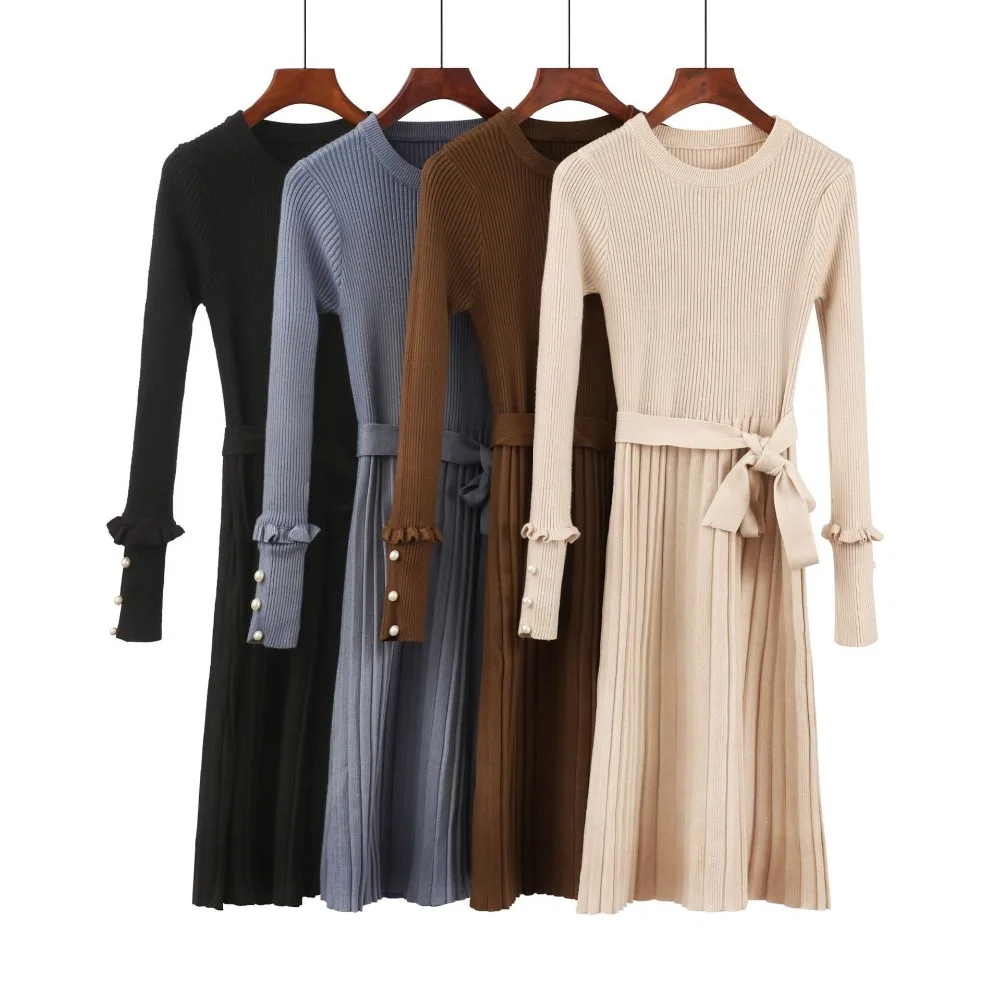 

Women Sweater Dress Autumn Winter Clothes New Fashion Ruffle Long Sleeve Knitted Dress Women Casual Knee Length Dress Black 286