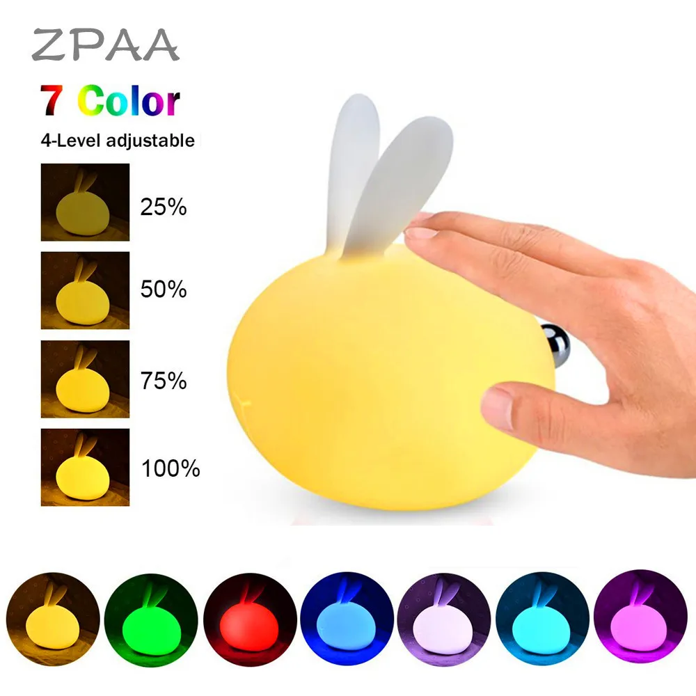 

Bunny Night Lights for Kids Pat Rabbit Nightlight Bedside Lamp Led USB Rechargeable Light Color Changing +4-Brightness Modes