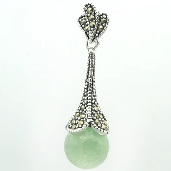 

Vintage Natural Light Green JADE Beads 925 Sterling Silver Marcasite Pendant