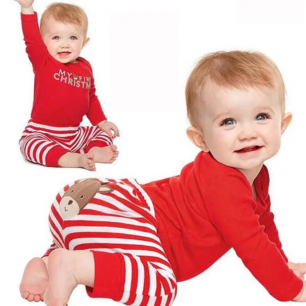 Emmababy Xmas Newborn Baby Boys Girls Christmas Letter Cartoon blen Red Romper Stripe Long Pants Clothes Outfits Winter Set