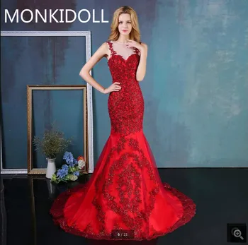 

Vestido De Novia mermaid red sequined lace sheer back sexy wedding dress court train sparkly long appliques wedding gowns 2017
