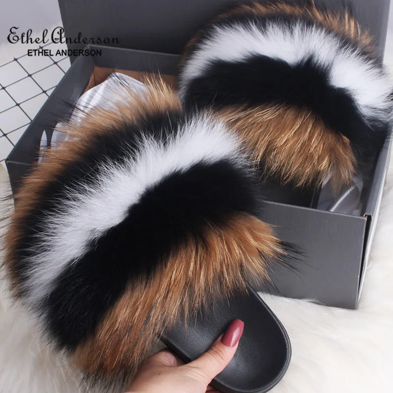 Ethel Anderson Women's Furry Slippers Popular Real Fox Hair Casual Slides Plus Fur Summer Sandals