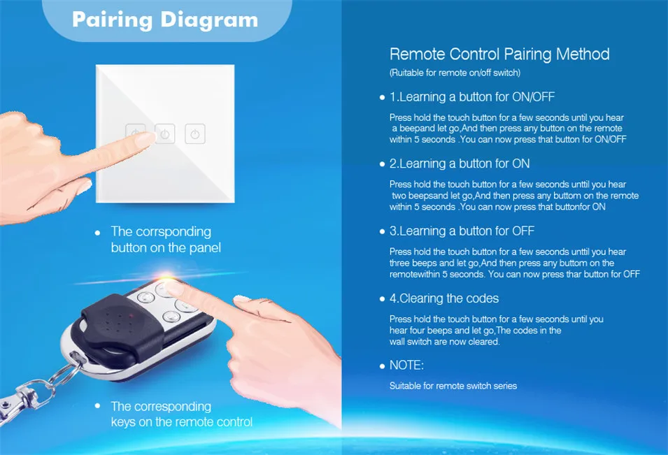 Eruiklink EU Type Remote Control Switch 1gang 2gang 3Gang 1 Way, RF433 Smart Wall Switch, Wireless Remote RF Touch Light Switch-13