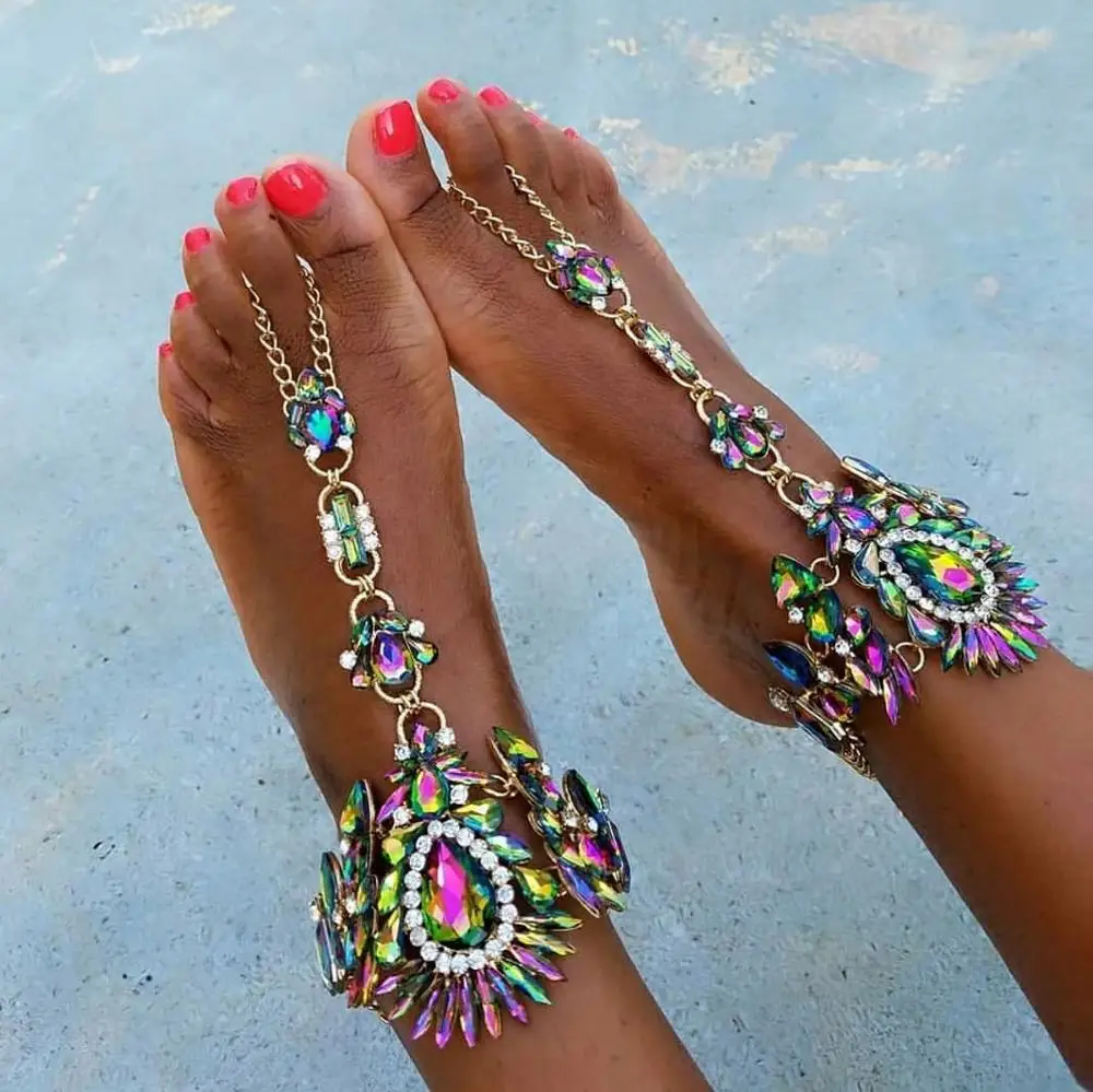 1 шт. цветные ножные браслеты в богемном стиле со стразами г. Летняя пляжная ножная цепочка роскошные женские босоножки Украшенные бижутерией