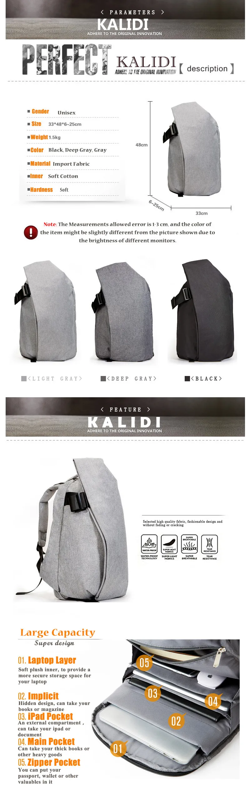 KALIDI Водонепроницаемый 15,6 дюймовый рюкзак для ноутбука 14 дюймов Сумка для ноутбука мужские рюкзаки bolsos para ordenador для Macbook Pro 15 серый