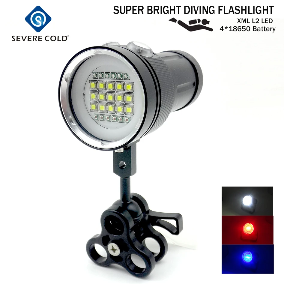 

Professional Diving Light Underwater 100m Scuba Video Light 15 XML2+6 Red+6 UV LED Photography Video Dive Flashlight Lamp