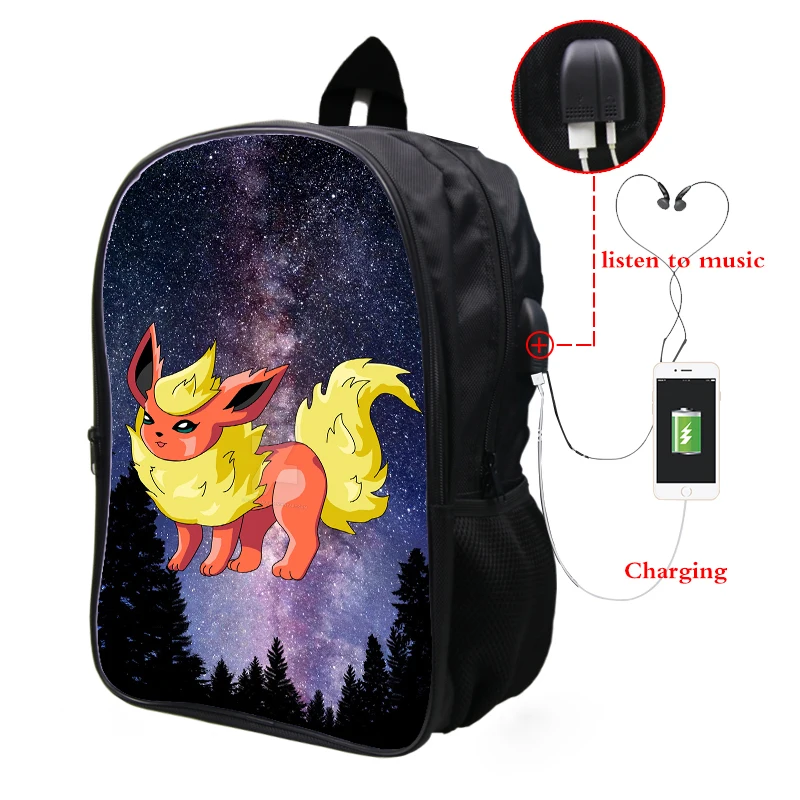 Pokemon Flareon Galaxy Космический рюкзак Многофункциональный USB зарядка Разъем для наушников ноутбук рюкзак для подростков мужчин и женщин школьные сумки - Цвет: 14