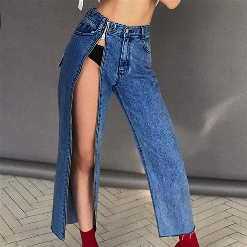 Модные новые женские с высокой талией с высоким разрезом брюки однотонные креативные Kick Pleat молния брюки весна осень свободные джинсовые