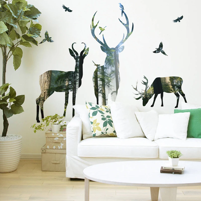 Декоративные наклейки на стену с изображением леса оленя летающих птиц для украшения дома, гостиной, спальни, декора, ПВХ, животных, сделай сам, фреска, художественный плакат
