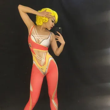 

Women Sexy Multicolor Printed Jumpsuit Nightclub Dance Dj Wear Bodysuit Leggings Prom Celebrate Clothing Stage Wear Baalmar DS