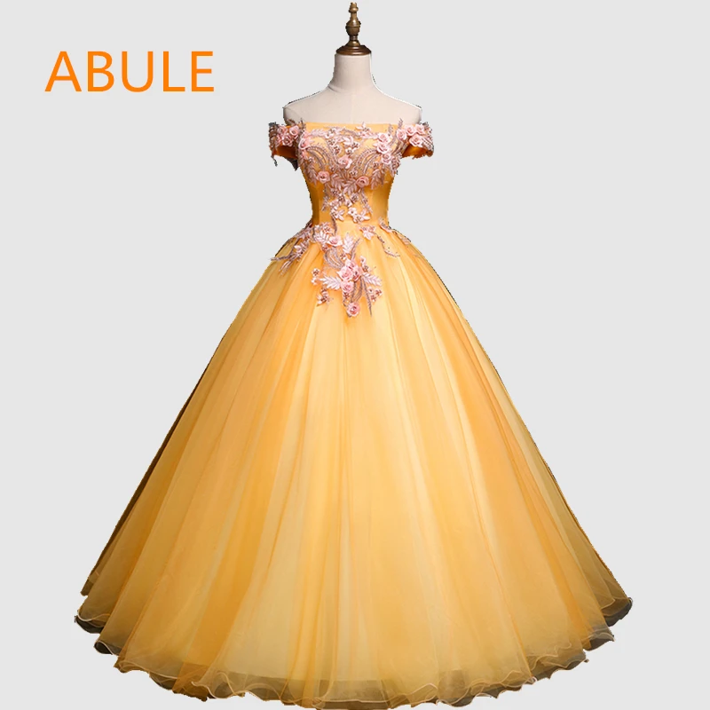 

ABULE Quinceanera Dresses srtapless lace up yellow ball gown prom dress Debutante Gown 15 Years Layer Tulle Beads Custom sizes