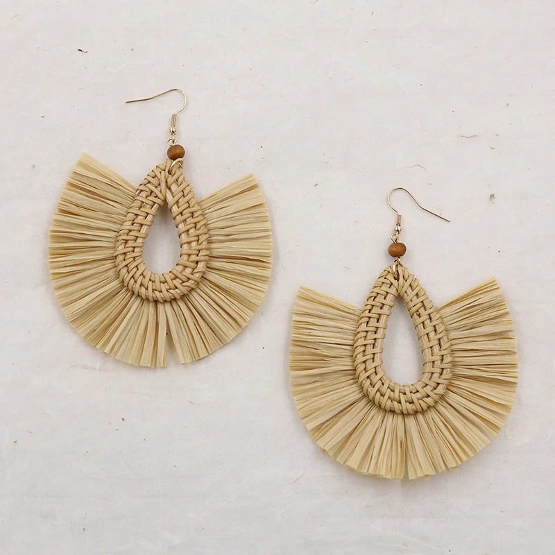 Teardrop Straw Tassel Earrings For Women Rattan Wicker Drop Earring
