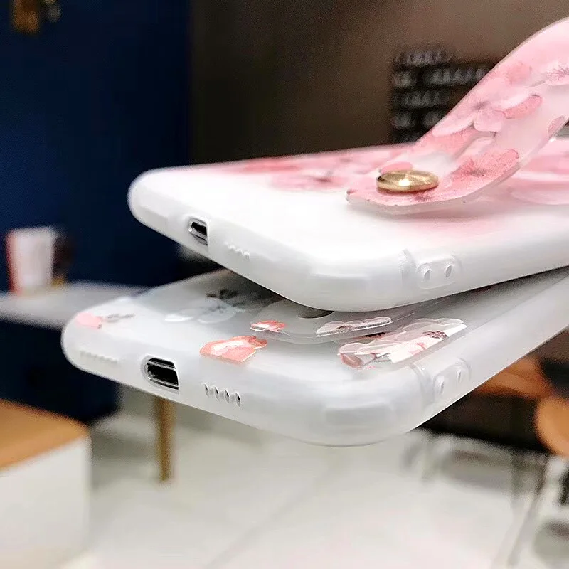 PINK LIPS Flower Case For iPhone X XR XS Max 3D Relief Floral For iPhone X 8 7 6 6S Plus 5 5s SE With Wristband Soft Phone cover  (5)