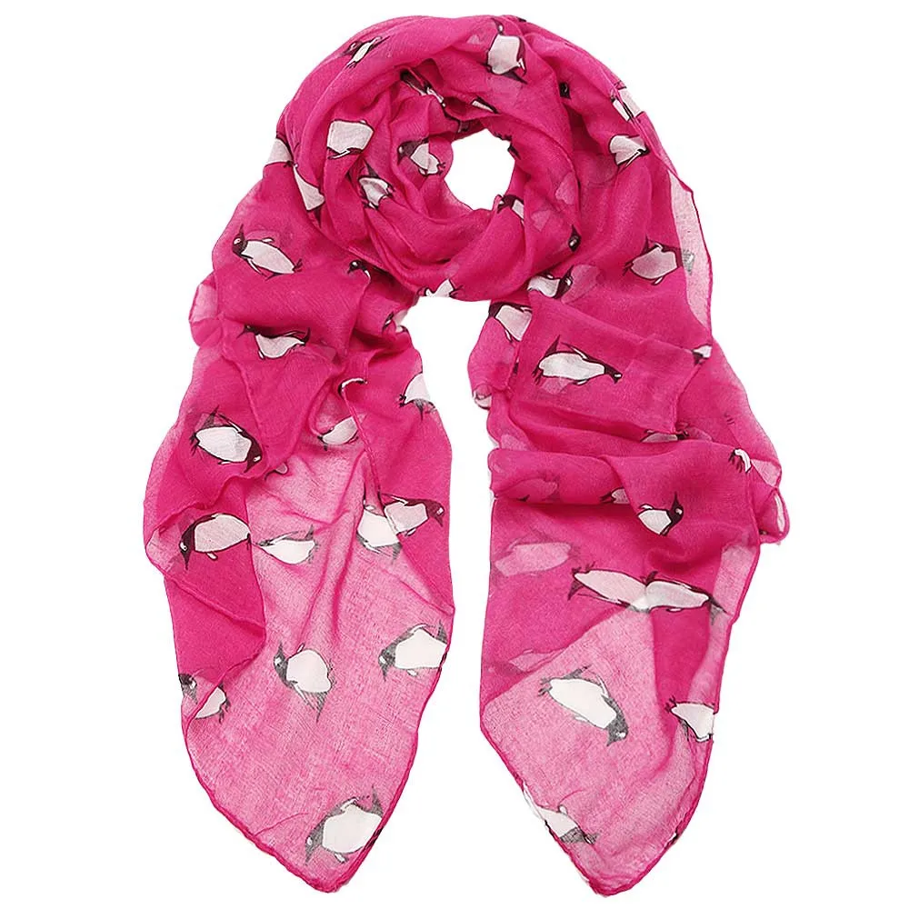 Длинные женские шарфы с мультяшным принтом, мягкие шарфы 180 см с милым пингвином на осень и зиму, шарфы из вуали - Цвет: Hot pink