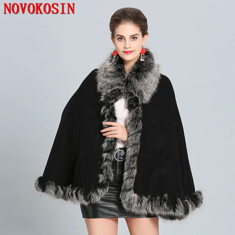 

SC284 2018 Plus Size Women Winter Soft Pashmina Fake Fox Fur Collar Loose Poncho Capes Short Wine Red Cardigan Coat With Hat
